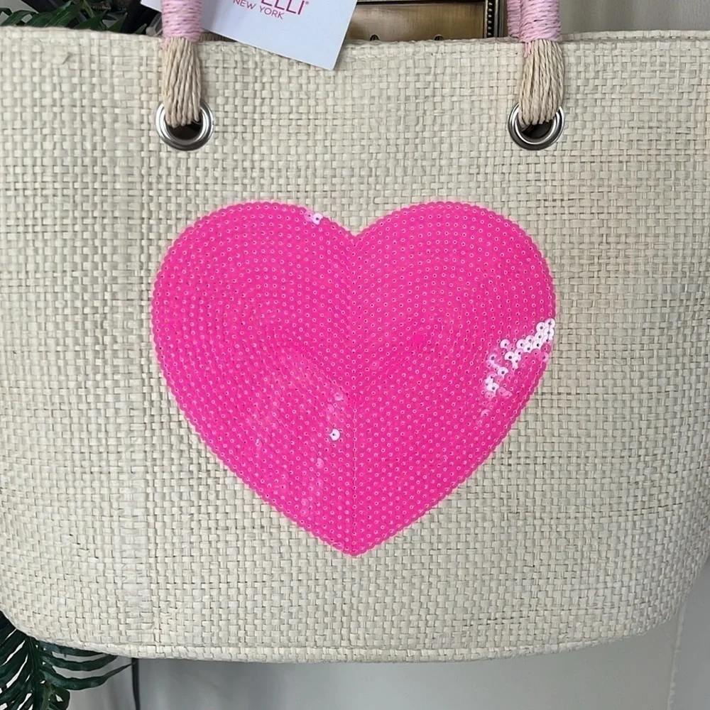 Brand New Capelli Straw Shoulder Bag Sequined Pink Heart Tote Snap Close Natural